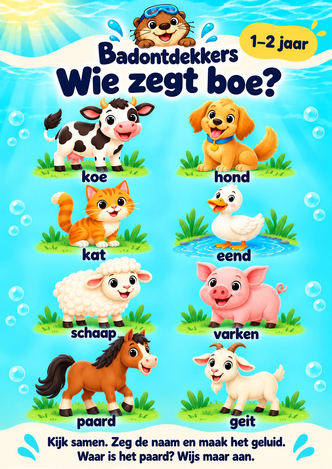 Badontdekkers educatieve Badposter Wie zegt boe? – 1–2 jaar - A3 - Herplakbaar Multi colour
