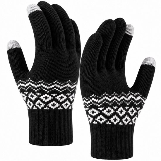 Zwarte gebreide handschoenen met wit Scandinavisch patroon en lichtgrijze vingertoppen voor touchscreen.