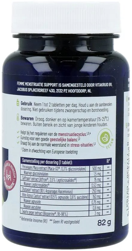 Zijkant van de blauwe Vitakruid Femme pot met doseringstabel, gebruiksinstructies en vegan-logo.