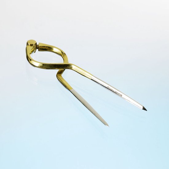 Gouden kaartpasser met metalen punten en ingegraveerde Blundell Harling merknaam.