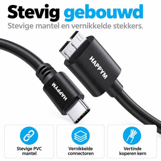 Sterke USB-C naar Micro-B 3.0 kabel met vernikkelde stekkers en PVC-mantel.