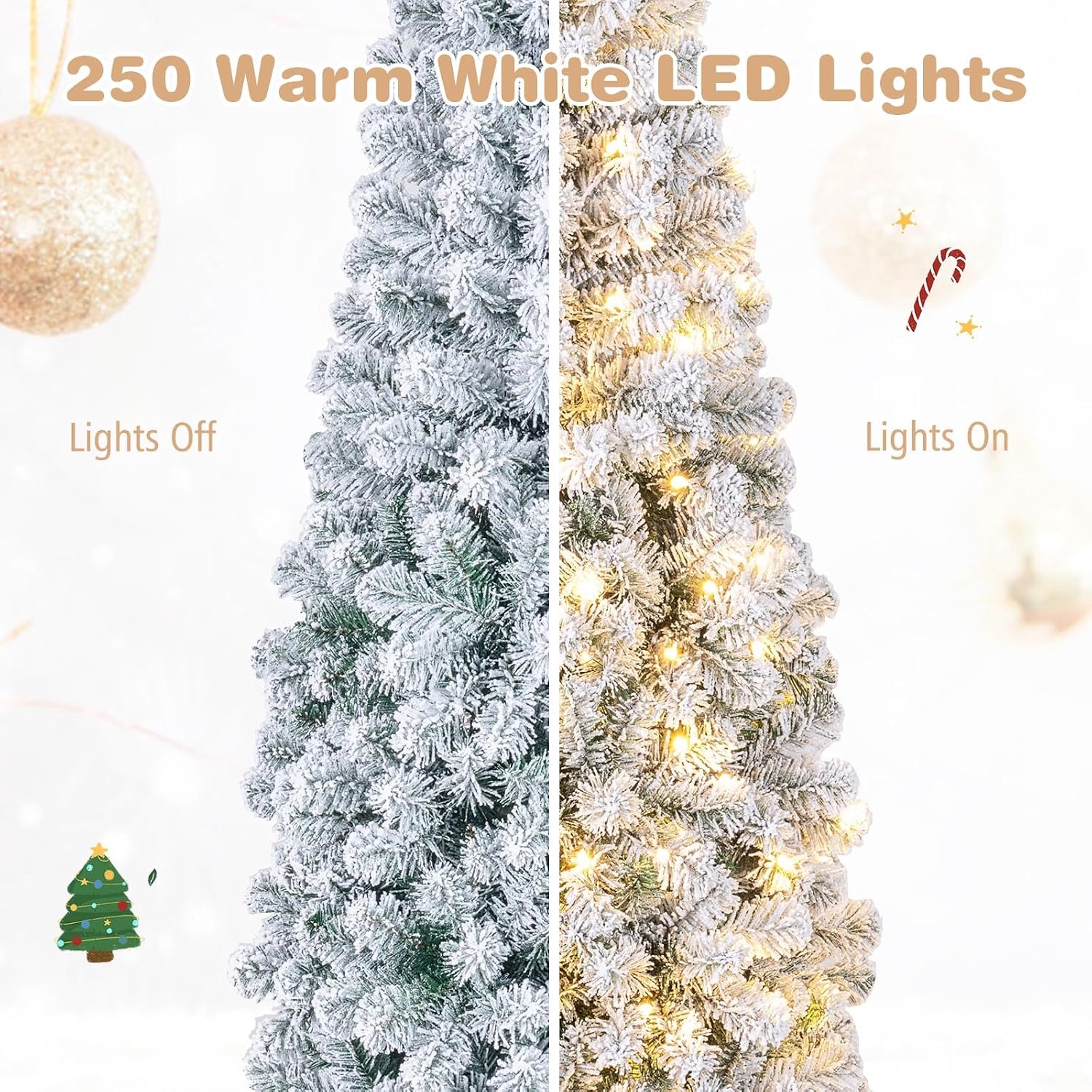 COSTWAY Smalle Kunstkerstboom 180 cm - Potloodkerstboom met 250 Warmwitte LED-lampjes - 500 Takken - Sneeuweffect - Metalen Standaard - Groen en Wit – foto 7