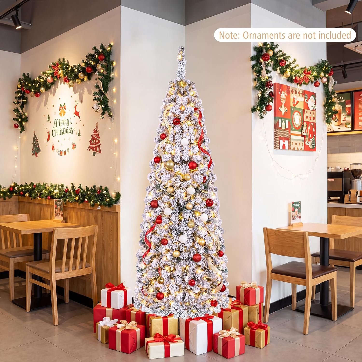 COSTWAY Smalle Kunstkerstboom 180 cm - Potloodkerstboom met 250 Warmwitte LED-lampjes - 500 Takken - Sneeuweffect - Metalen Standaard - Groen en Wit – foto 8