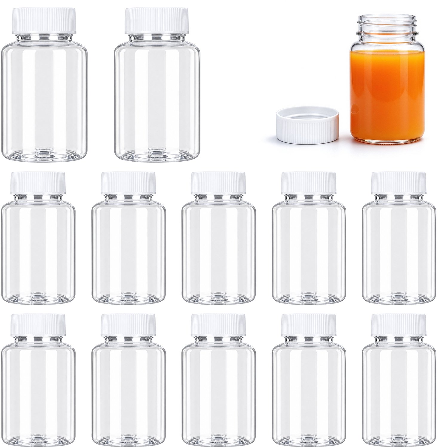 Sapflessen 12 stuks, 100 ml, herbruikbare PET kunststof flessen met deksel, lege drinkflessen voor sap, melk en waterdranken