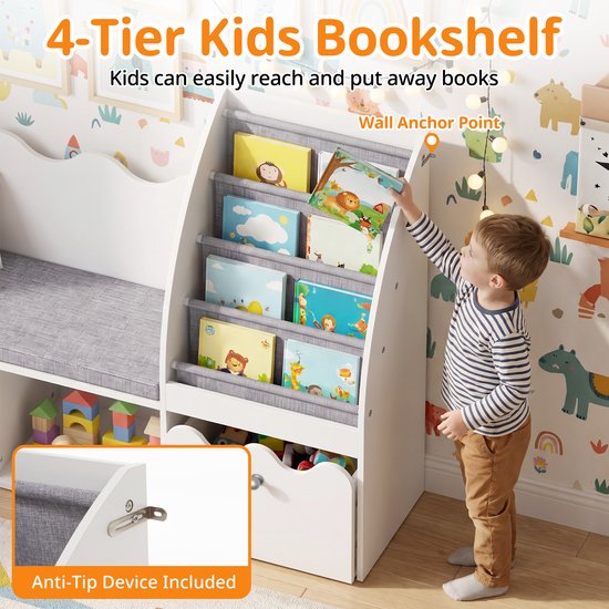 Kind pakt een boek uit de stoffen boekenplanken van het witte meubel; inclusief detail van anti-kantelbeveiliging.