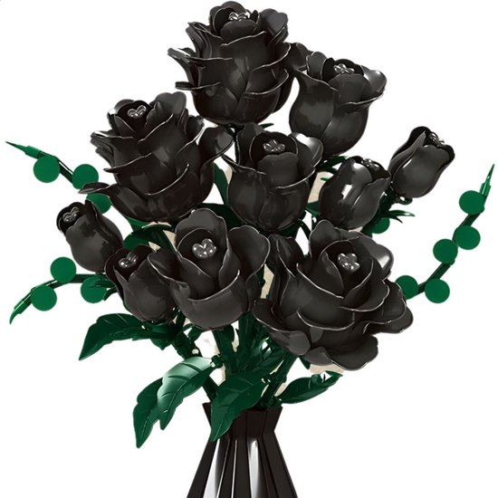Boeket met zwarte rozen van bouwstenen, met groene bladeren en besjes, in een zwarte vaas.