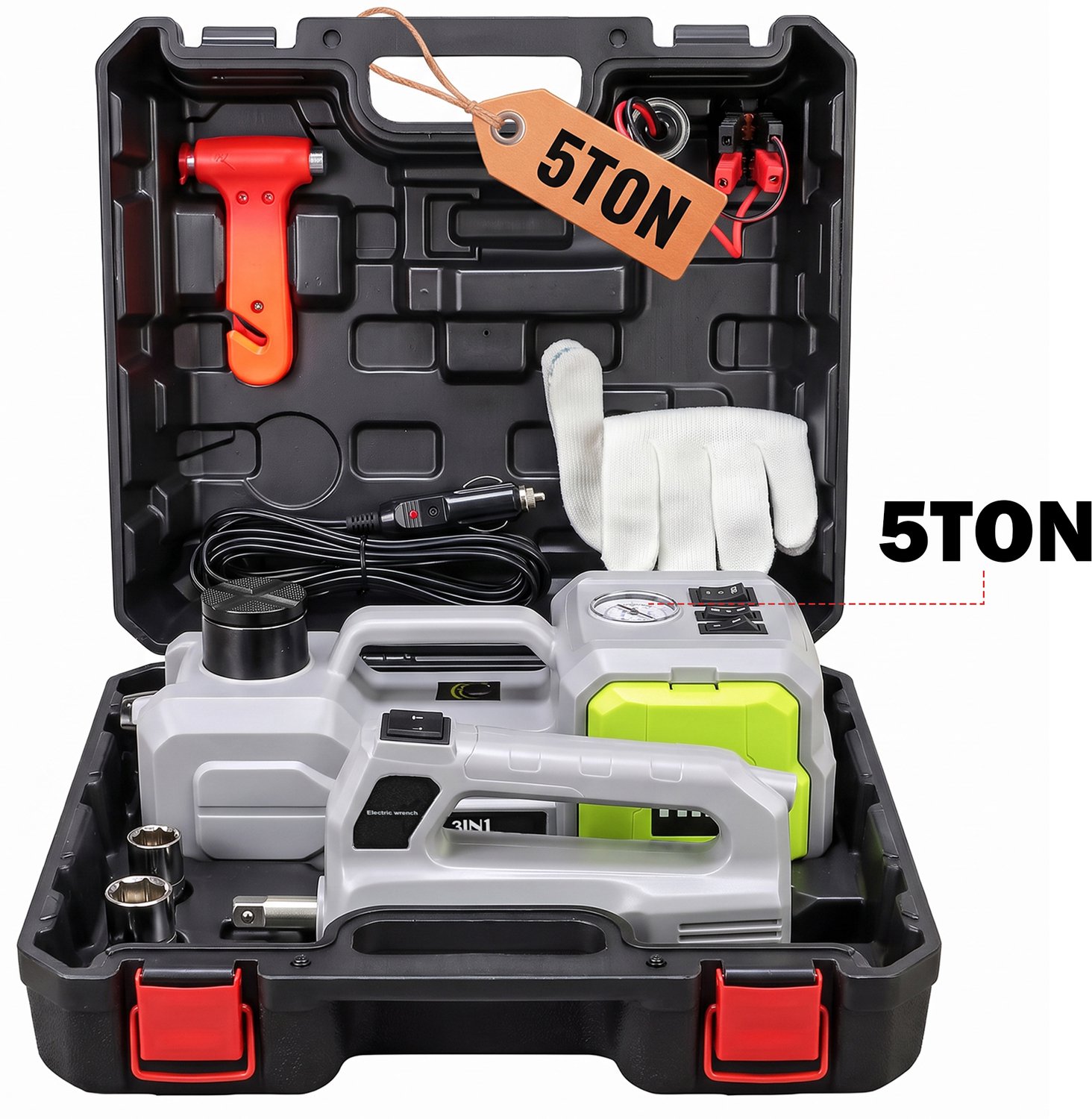 iSUNEX - 4 in 1 - Auto Krikset - Plug-in Multi-Functional Car Jack Set - Autokrik + luchtcompressor + elektrische slagmoersleutel + LED-verlichting