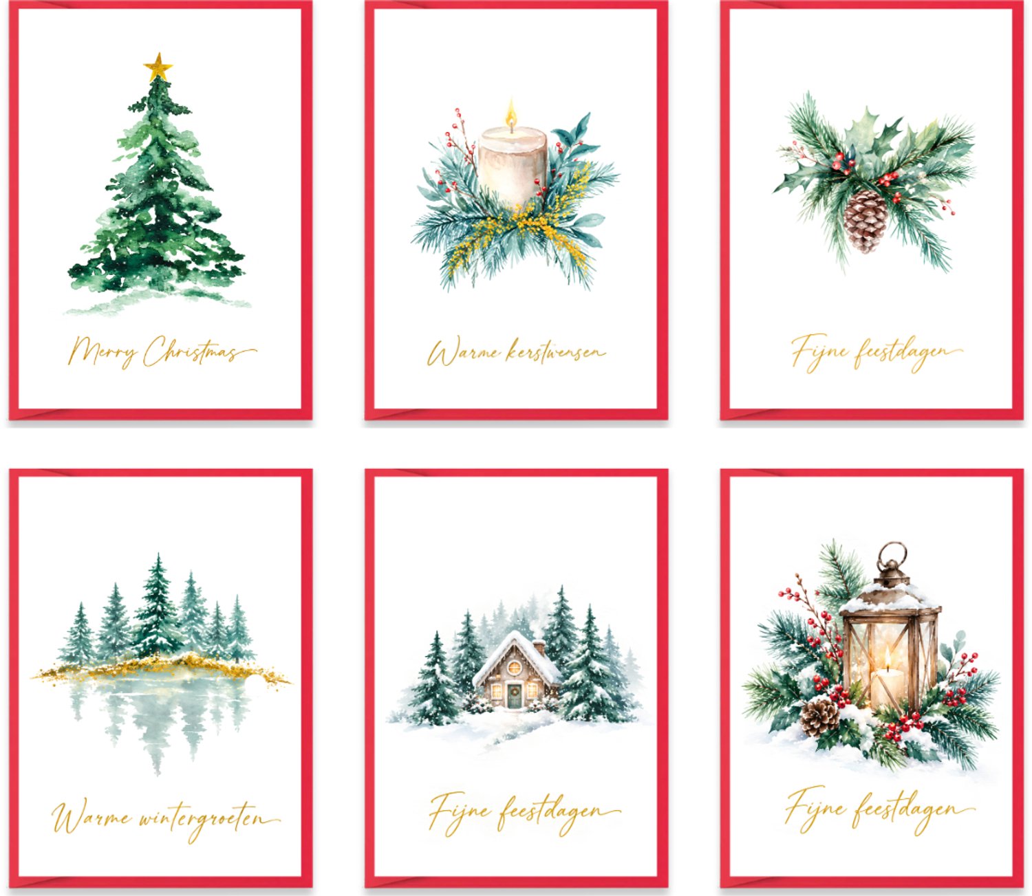 Set van 6 Kerstkaarten en Nieuwjaarskaarten – 10 x 15 cm – Met enveloppen – Enkelzijdig bedrukt - Winterillustraties