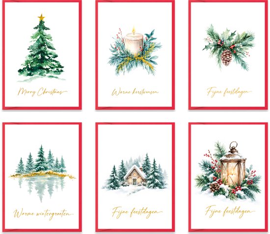 Zes kerstkaarten met verschillende aquarelontwerpen: kerstboom, kaars, hulst, bos, huisje en lantaarn.