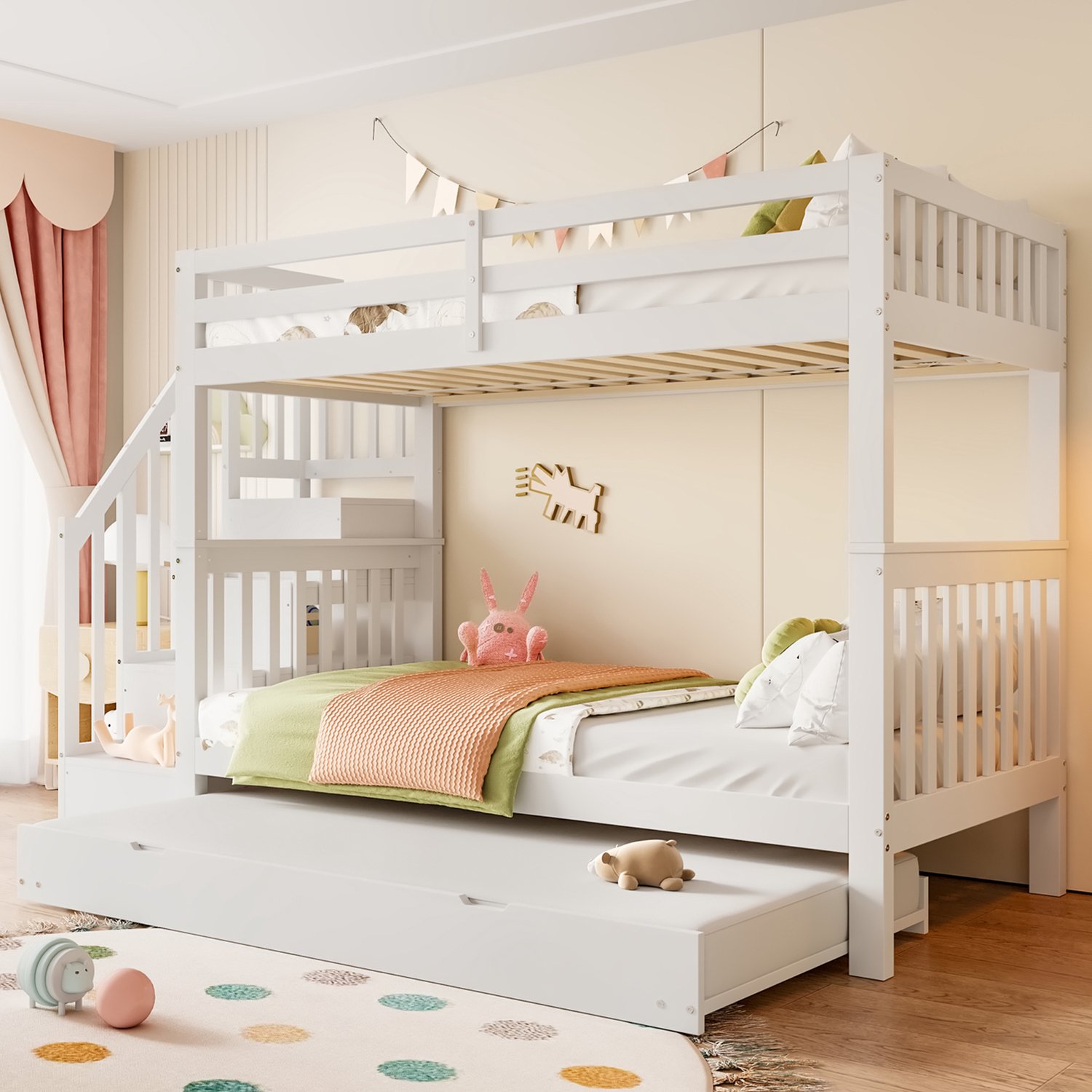 WUVRIE Stapelbed 90x200 cm - Uitschuifbaar rollbed, trap met opbergruimte en hoge valbeveiliging - Wit