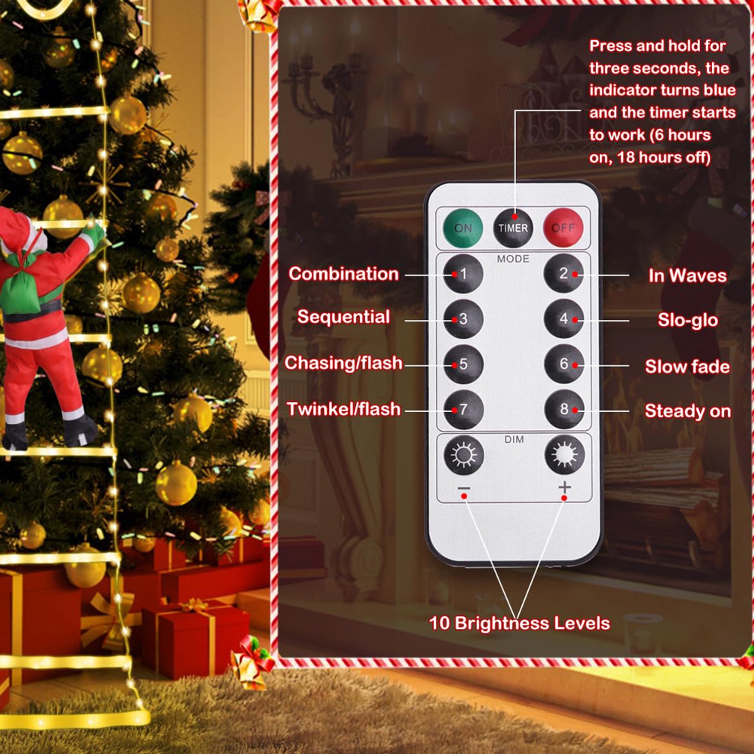 Kerstverlichting met Kerstman op ladder - 3,2 m 295 LEDs kerst lichtsnoer met 8 modi, USB aangedreven met afstandsbediening - LED klimmende Kerstman Kerstversiering voor buiten, binnen, raam, balkon, kerstboom decoratie – foto 3