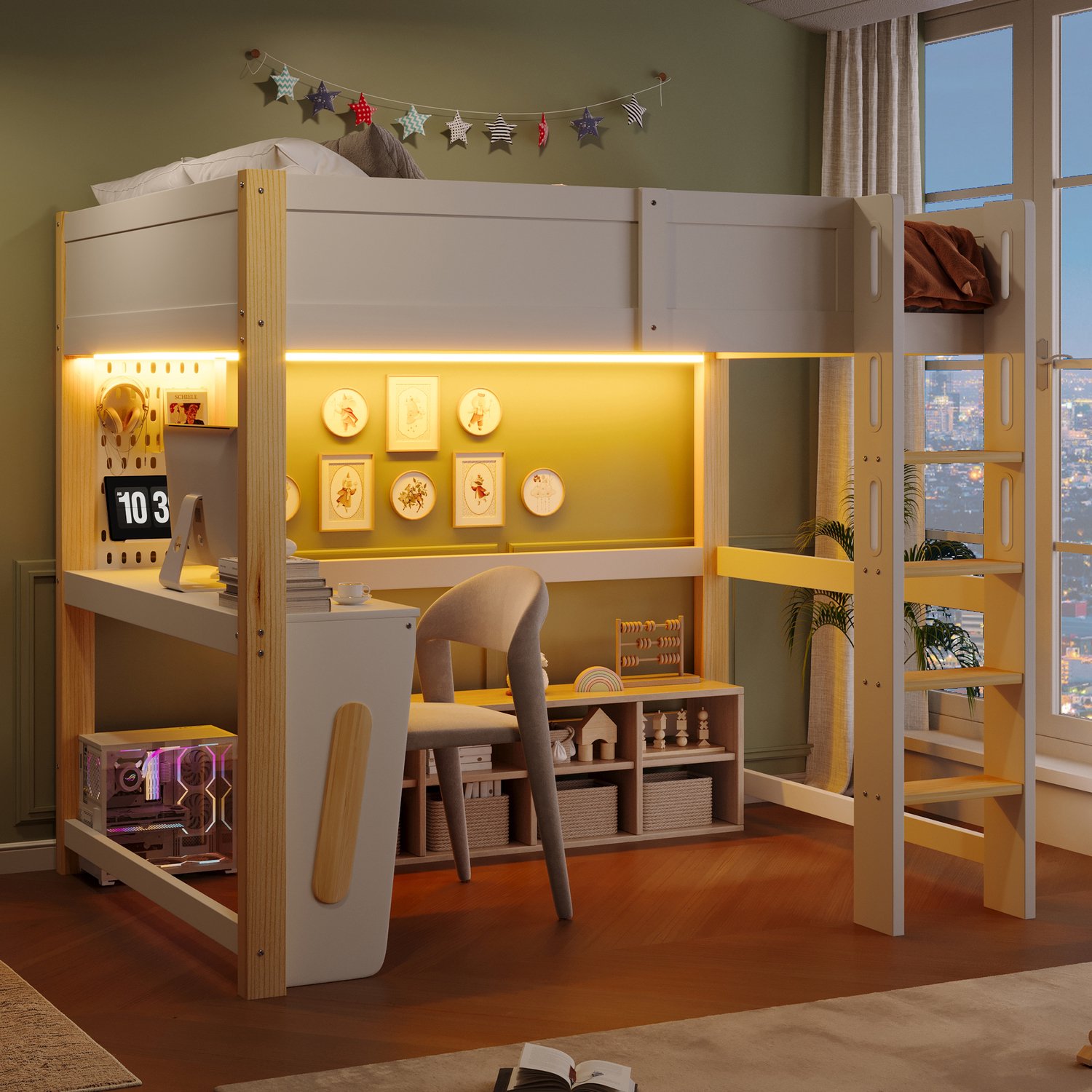 MIVRAY Hoogslaper 140 x 200 cm - Met Bureau, Gatenwand en Ledverlichting - Ruimtebesparend Kinderbed Zonder Matras - Hout en MDF - Naturel