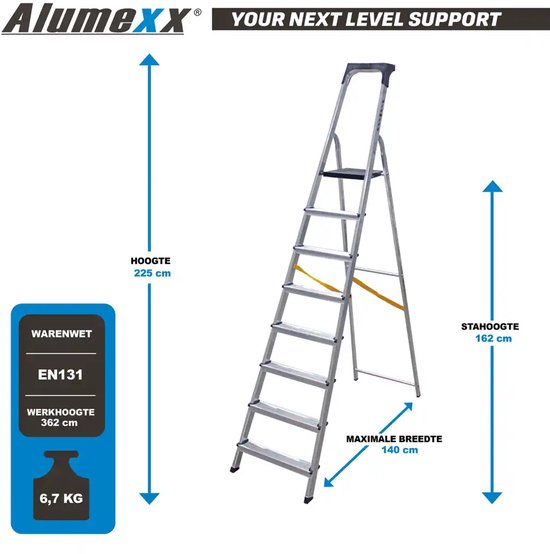 Alumexx huishoudtrap met 8 treden, 225 cm hoog, 162 cm stahoogte en 362 cm werkhoogte, weegt 6,7 kg.