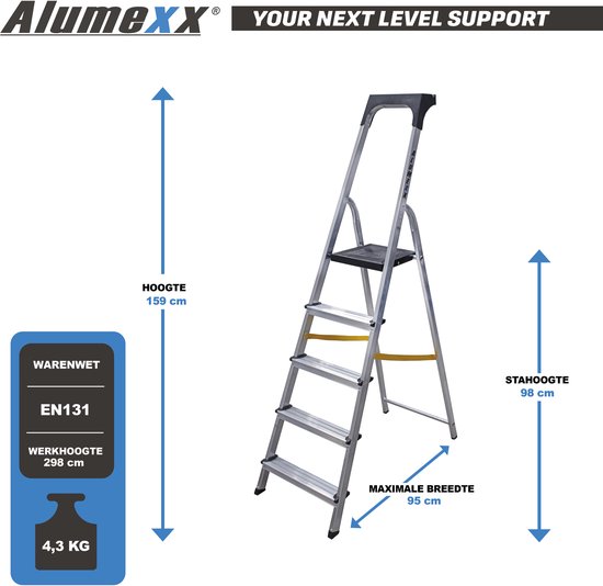Alumexx huishoudtrap met 5 treden, 159 cm hoog, 98 cm stahoogte, 298 cm werkhoogte en een gewicht van 4,3 kg.