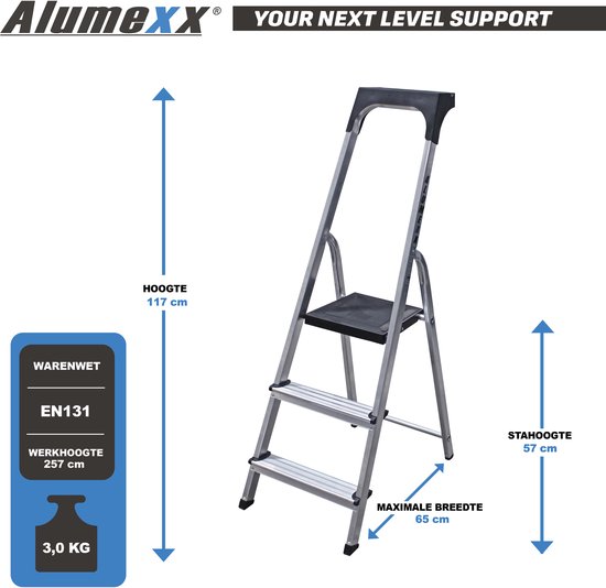 Zilverkleurige Alumexx 3-treden huishoudtrap met specificaties over werkhoogte (257 cm) en afmetingen.
