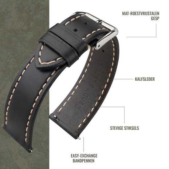 Bracelet de montre noir avec boucle en acier inoxydable mat, cuir de veau, coutures solides et barrettes interchangeables.