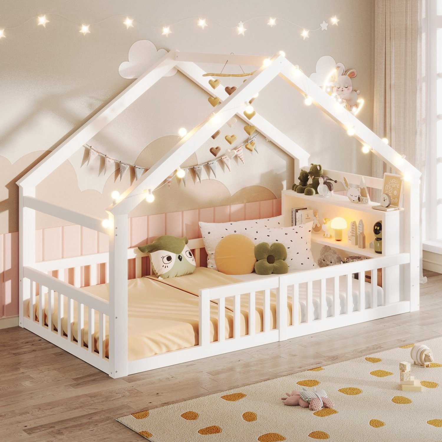 KOMHTOM Kinderbed - 90x190 cm - Grenenhout - Wit - LED-lampje - Minimalistisch - LED-verlichting