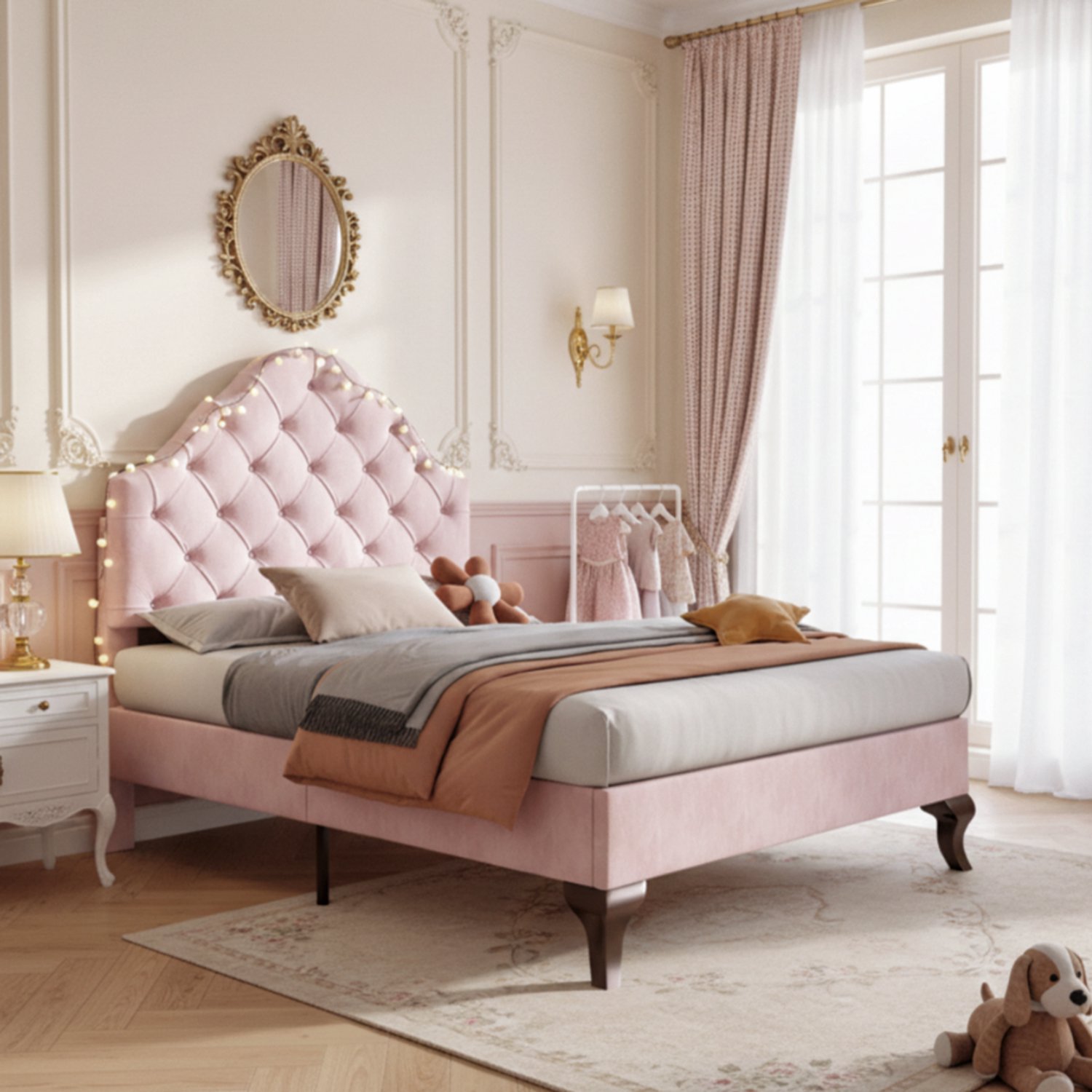 KOMHTOM Gestoffeerd bed - 90x200 cm - Fluweel - Roze - In hoogte verstelbaar hoofdeinde - Verstelbaar hoofdeinde - Houten lattenbodem - Eenvoudige montage - Lattenbodem