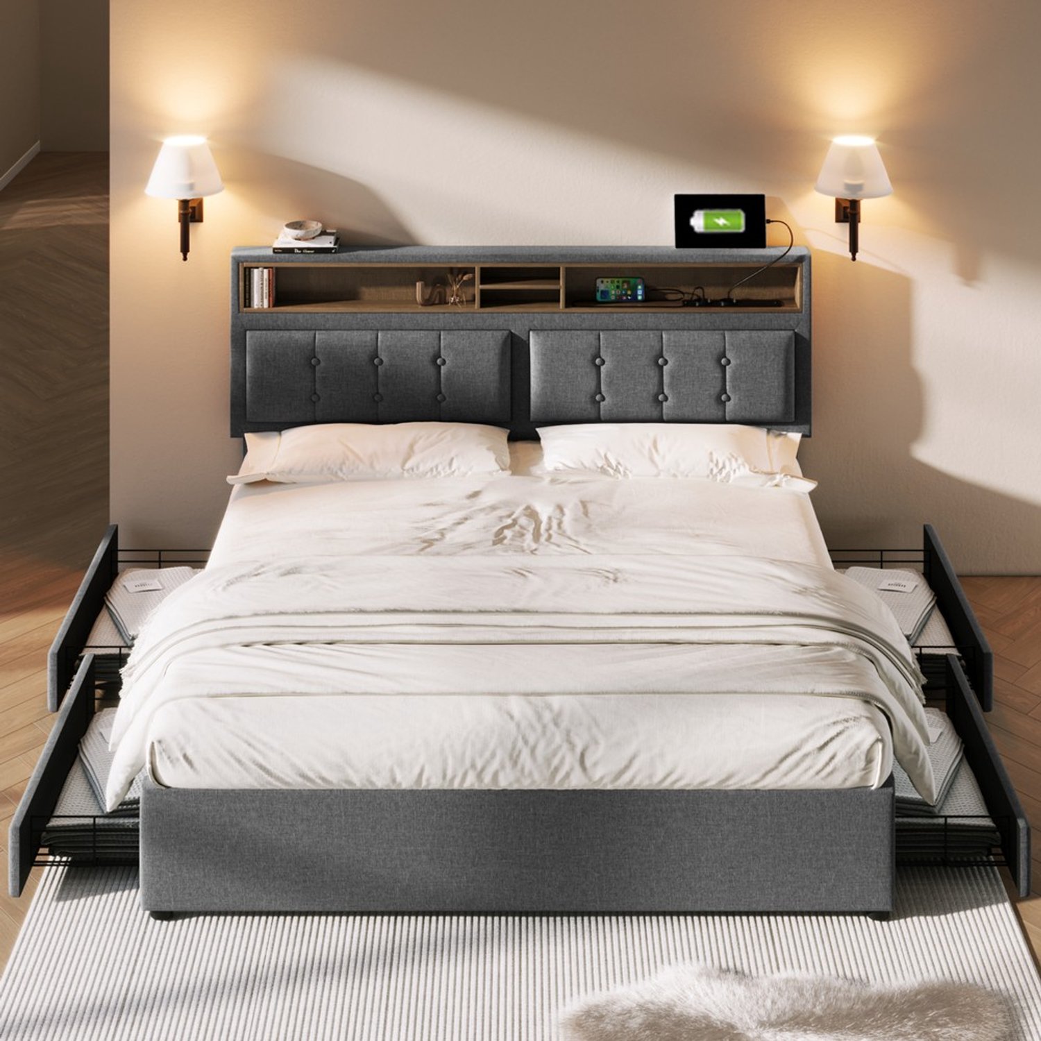 KOMHTOM Gestoffeerd bed - 140x200 cm - In hoogte verstelbaar hoofdeinde - Verstelbaar hoofdeinde - USB-C-aansluiting - Houten lattenbodem - Lattenbodem Grijs