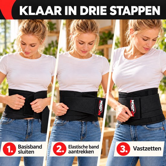 Drie stappen om de zwarte NAZROM rugbrace om te doen: sluiten, aantrekken en vastzetten.