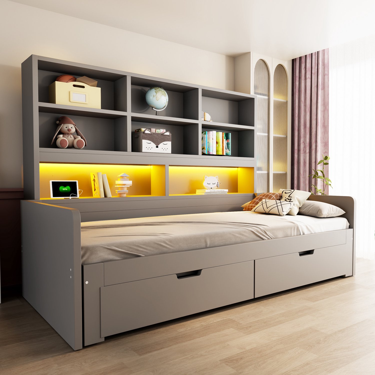 WUVRIE Slaapbank 90x200 cm - Uitschuifbaar tot 180x200 cm met LED en 2 lades - Grijs