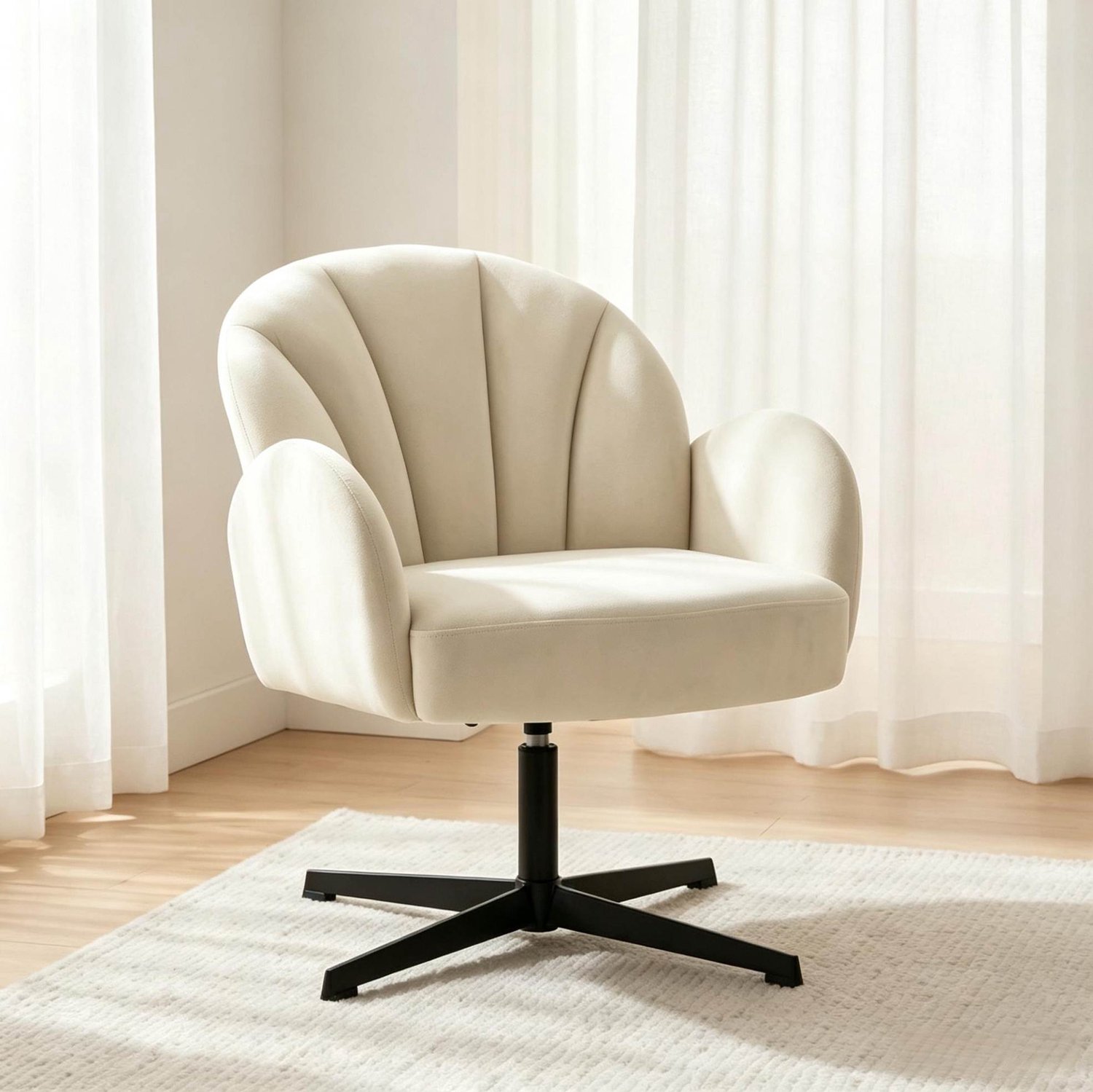 MODFU Fauteuil - 360° Draaibaar - Schelpvormig - Velvet - Beige Zwart