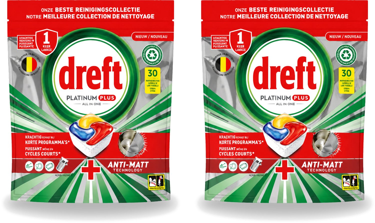 2 x Dreft – Vaatwastabletten – Platinum Plus All-in-One – Anti-Matt – 30 Tabletten - Voordeelverpakking - 2 stuks