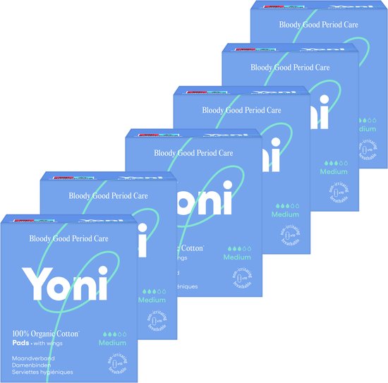 Zes blauwe verpakkingen Yoni maandverband met vleugels, 100% biologisch katoen, medium absorptie, 60 stuks in totaal.
