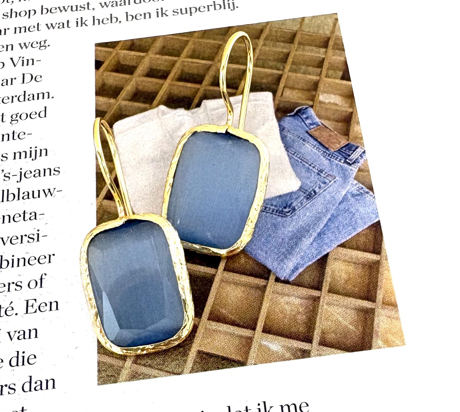 Oorbellen cateye steen jeans rechthoekig