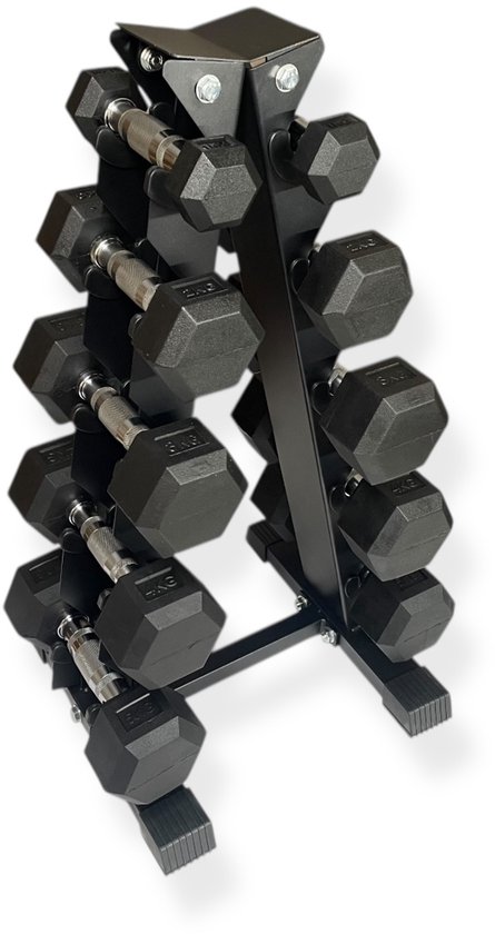 Een zwarte dumbbell rek met tien zeskantige dumbbells, netjes opgestapeld.