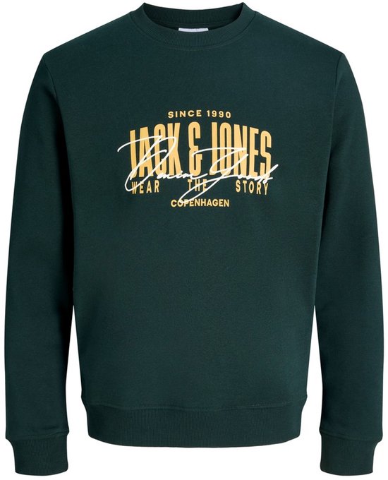 Donkergroene sweater met ronde hals en geel 'Jack & Jones' logo op de borst.