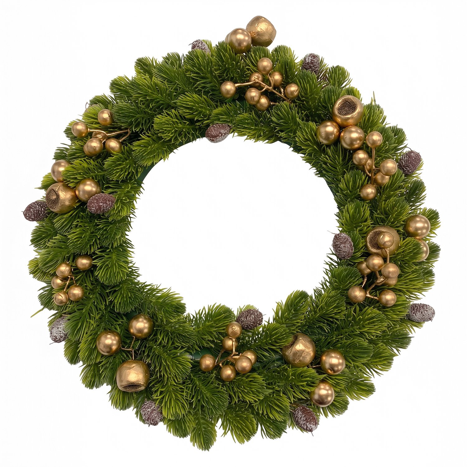 Luxe Kerstkrans met Gouden Vruchten & Rubber Dennenappels - Prachtige Kunstkerstkrans van Nordmann-Sparrentakken - Weelderige Kerstdecoratie voor Binnen & Buiten - Perfecte Deurkrans of Tafelkrans - 45 cm - Groen/Goud