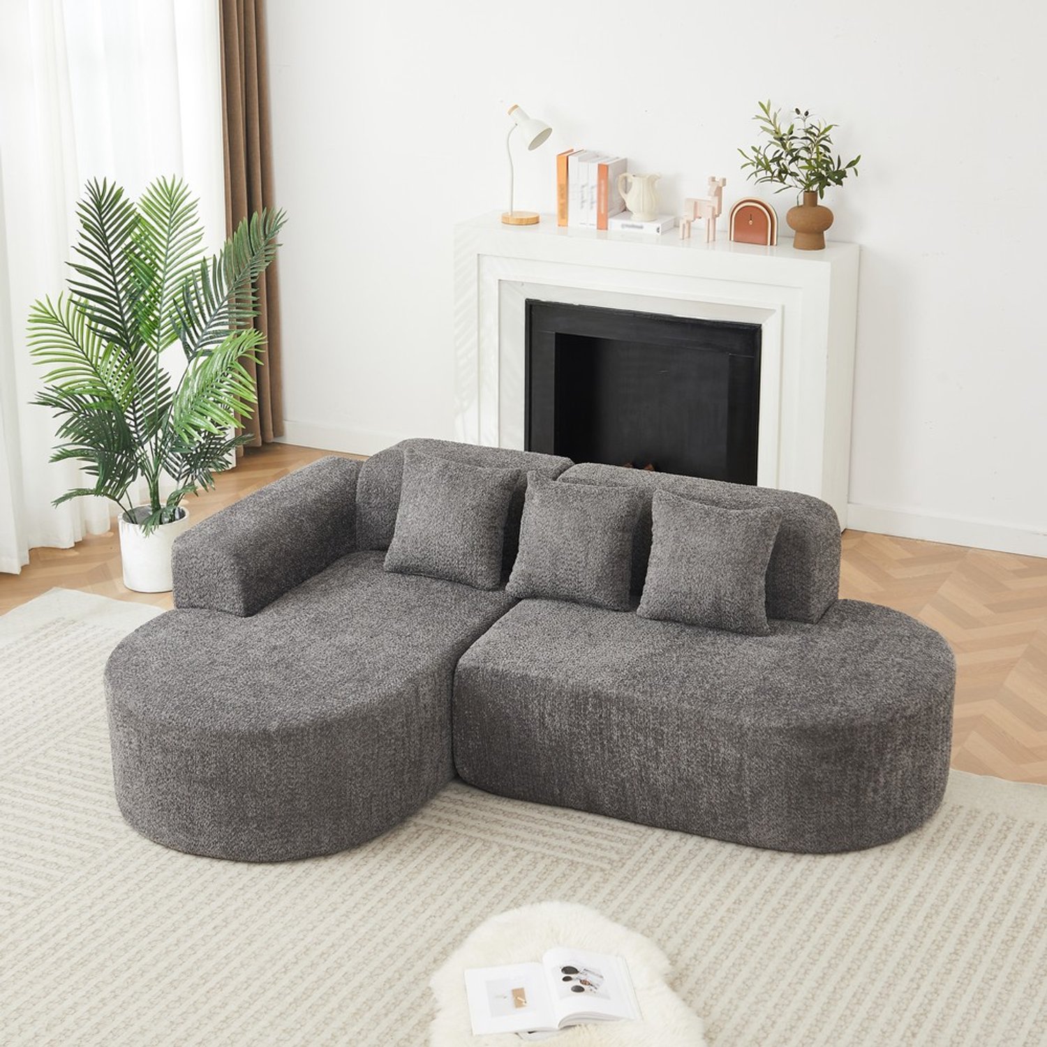 Pugsdrly Moderne L-vormige hoekbank in antraciet – linkse uitvoering (chaise links), chenille stoffen bank met 3 rugkussens, zitgroep voor de woonkamer, rond ontwerp Grijs