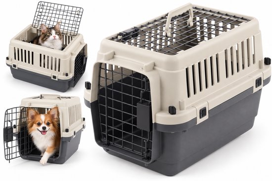 Beige en donkergrijze transportkooi met metalen traliehek, inclusief een kat en een chihuahua.