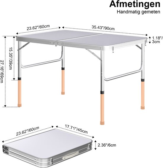 90x60cm Opvouwbare campingtafel van aluminium, hoogte‑verstelbaar, draagbare picknicktafel voor buiten, kamperen, marktkraam en thuisgebruik — afbeelding 2