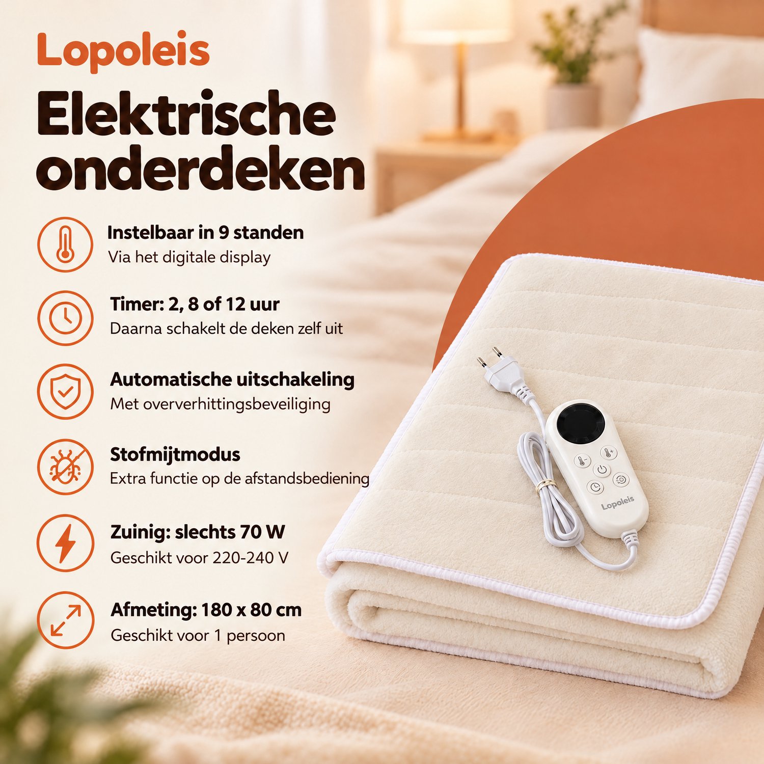 Lopoleis Elektrische Onderdeken 1-persoons – warmtedeken – 180 x 80 cm – 9 warmtestanden – Timer – Stofmijtmodus – Wit – foto 5