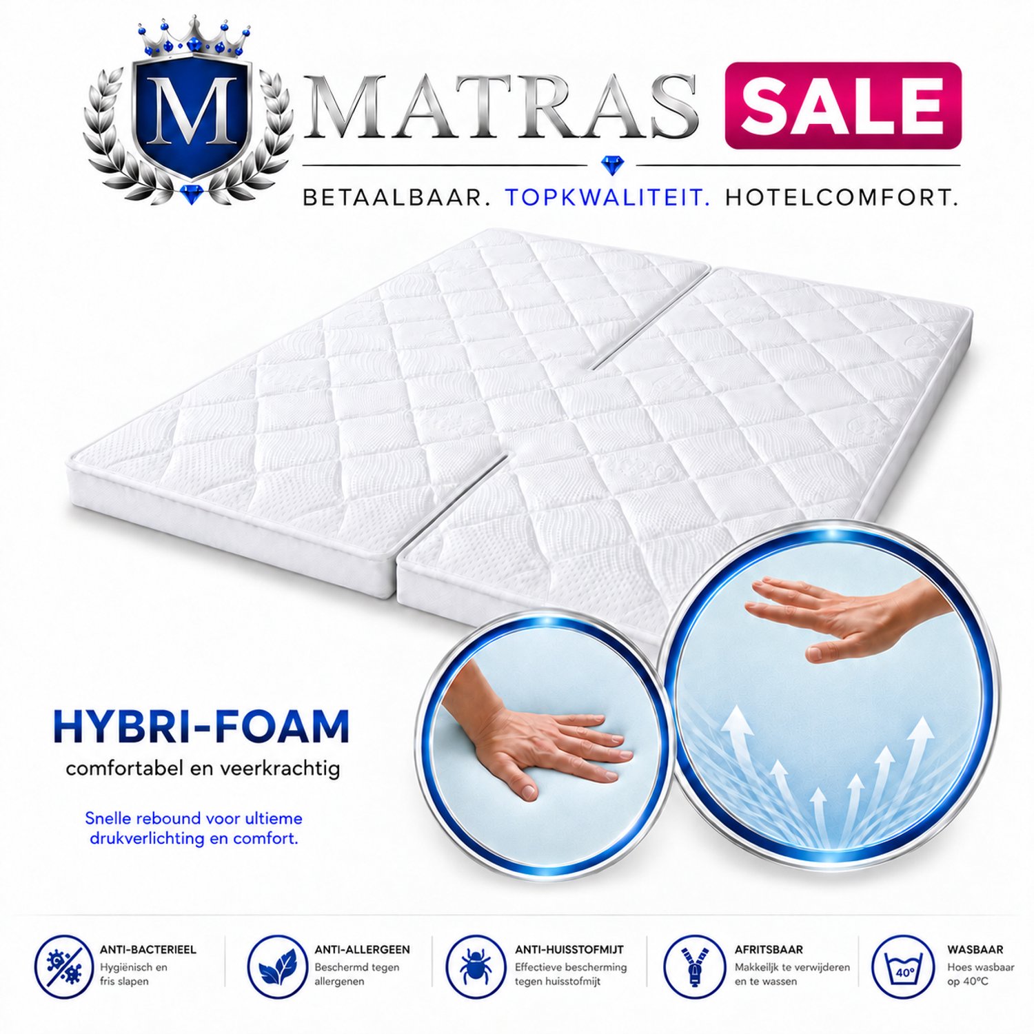 Matrassale Dubbel Split Topper 160x220 - Hotel Excellent topdekmatras - HR Hybri-Foam - Extra Dik - Tencel - Afneembare & Wasbare Hoes Wit