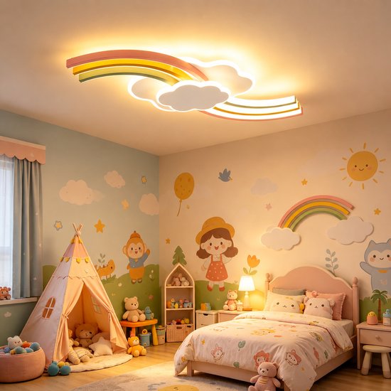 Epochglo led-plafondlamp in de vorm van een regenboog met witte wolken in een kleurrijke kinderkamer.