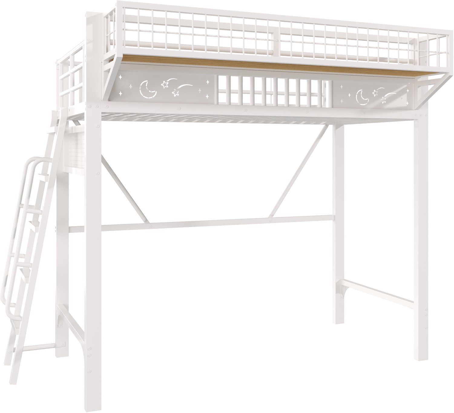 WUVRIE Hoogslaper 90x200 cm - Metalen frame, opbergvakken en open onderruimte - Wit