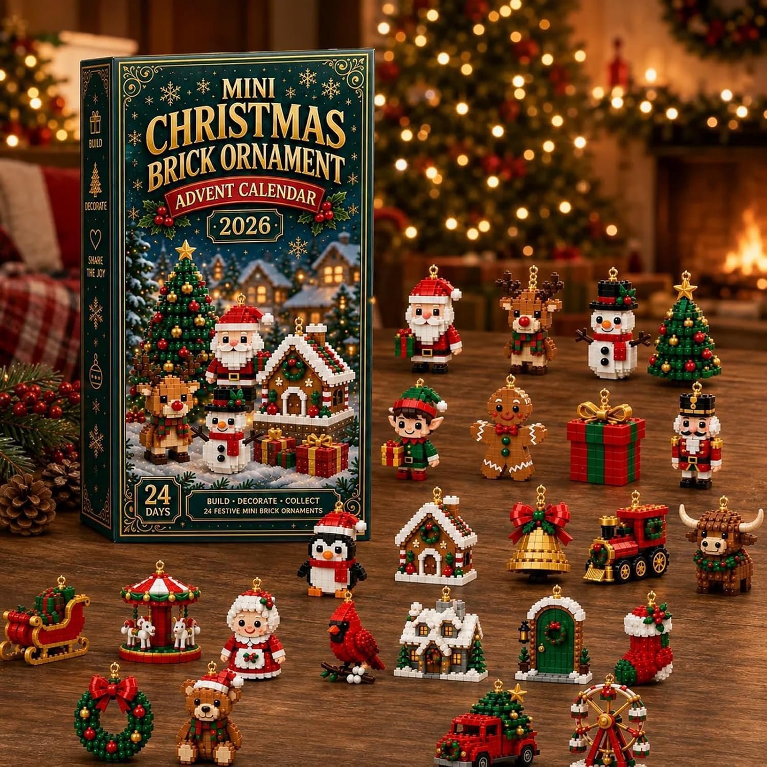 Adventskalender 2026 - Kerstkalender - 24 Dagen Bouwsteen Ornamenten - Bouwblokken - Kinderspeelgoed - Met Ophanglus - Mini-steentjes Voor Boom, Slinger Of Mantel - Geschikt voor Kerstfeest en Interieur Decoratie – foto 4