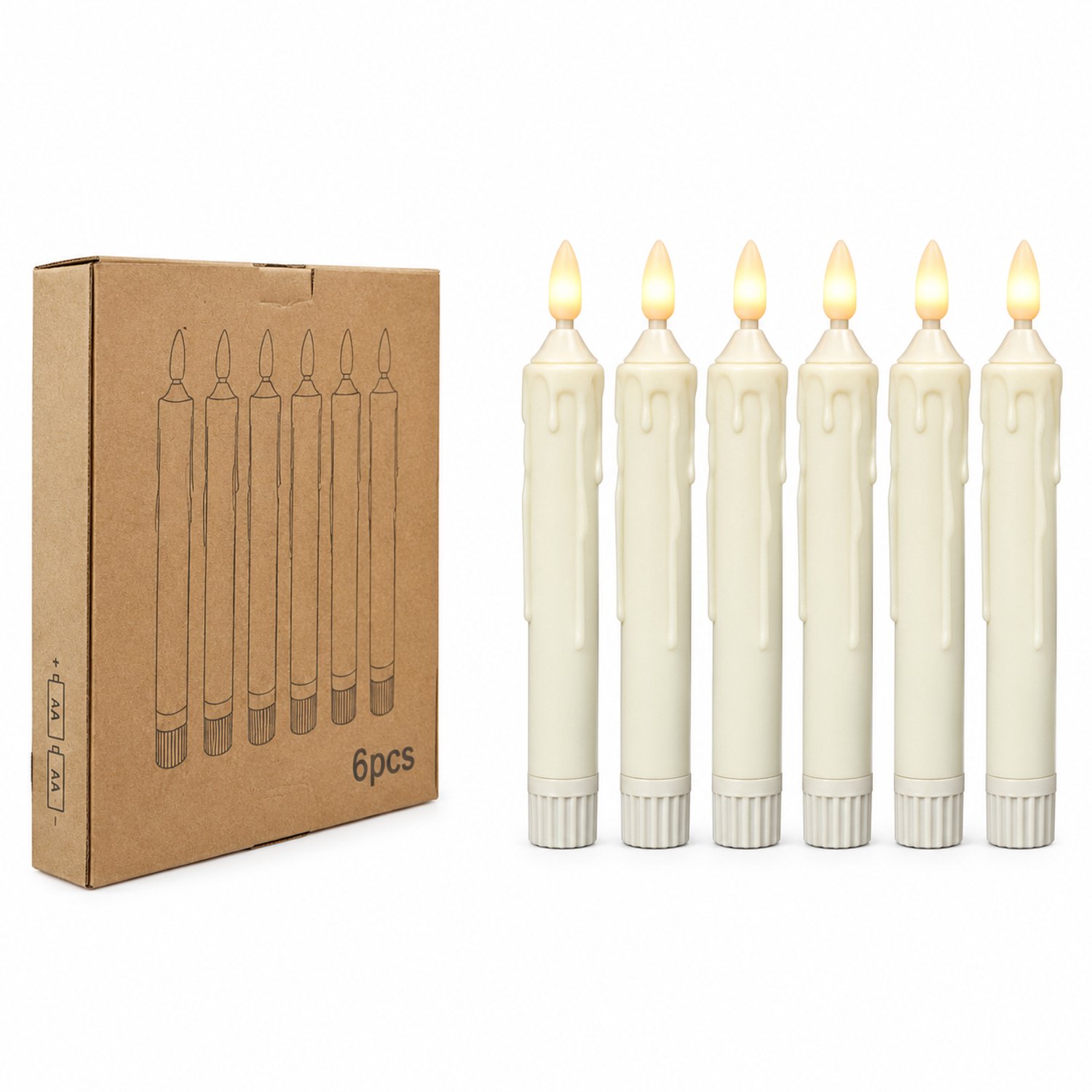 SWGOTA led kaarsen, 6 stuks in doos, 1,9 x 16,6 cm, met druppelreliëf en vlamvormige top, warm licht voor bruiloften, verjaardagen en kerst Ivoor