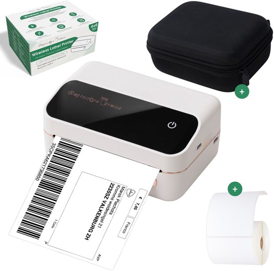 Witte thermische labelprinter met zwarte bovenkant, draagtas, labelrol en verpakking.