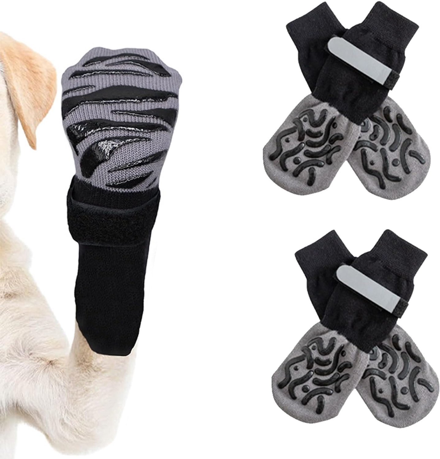 Hondensokken met reflecterende bandjes | 2 paar | Voetbescherming voor honden en katten (zwart, L)