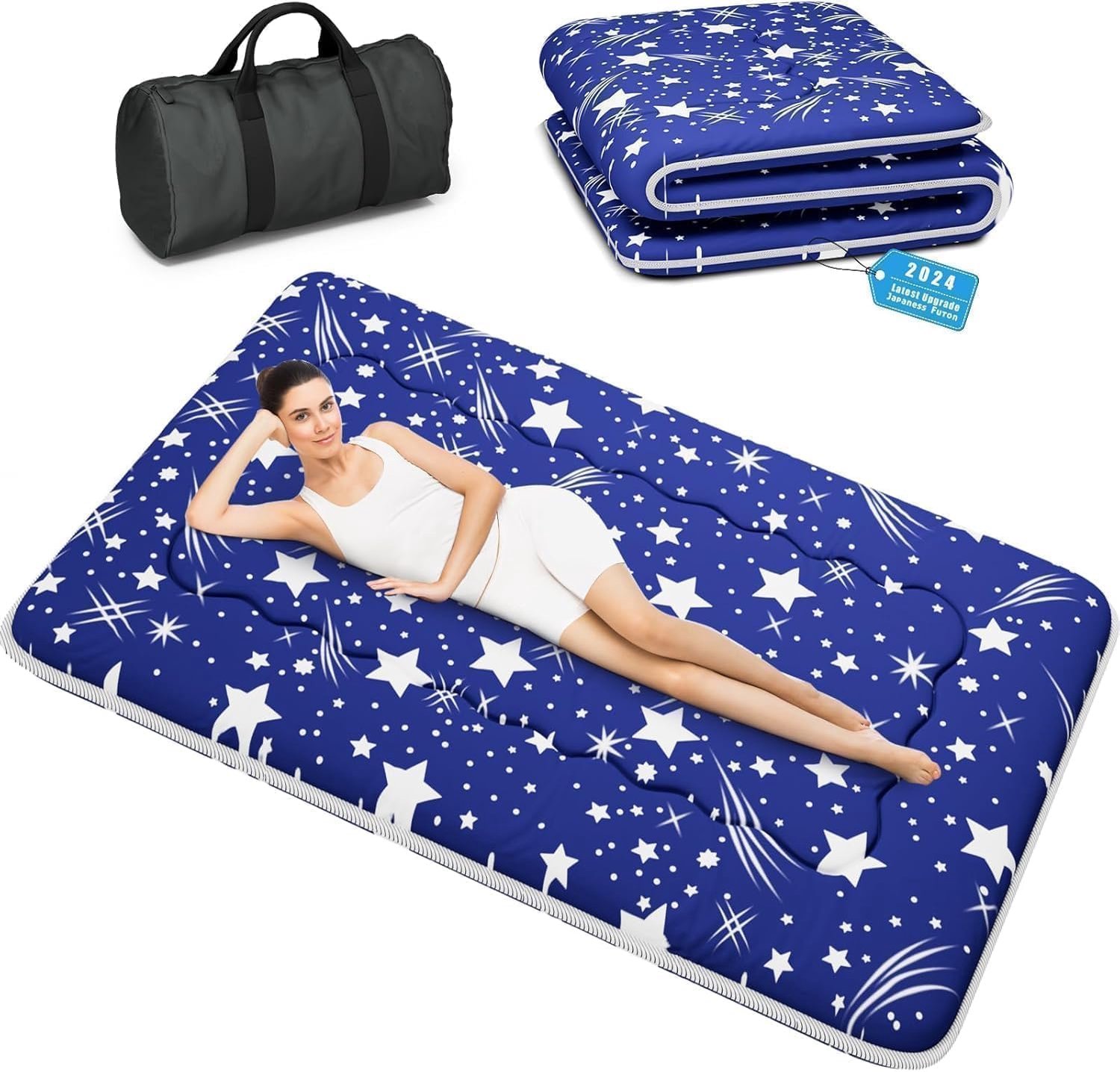 Futonmatras, vouwbare mat, draagtas met riem, slaapmat, dikke slaapmat, campingmat (blauw, 190x200 cm)