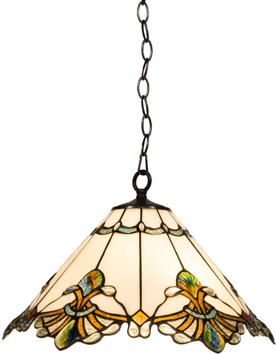 Tiffany hanglamp Art Nouveau - Crème-bruin-groen - Ø 45 cm - Glas in lood - Warm licht - Inclusief ketting en plafondplaat - Pendellamp | RORUVERA