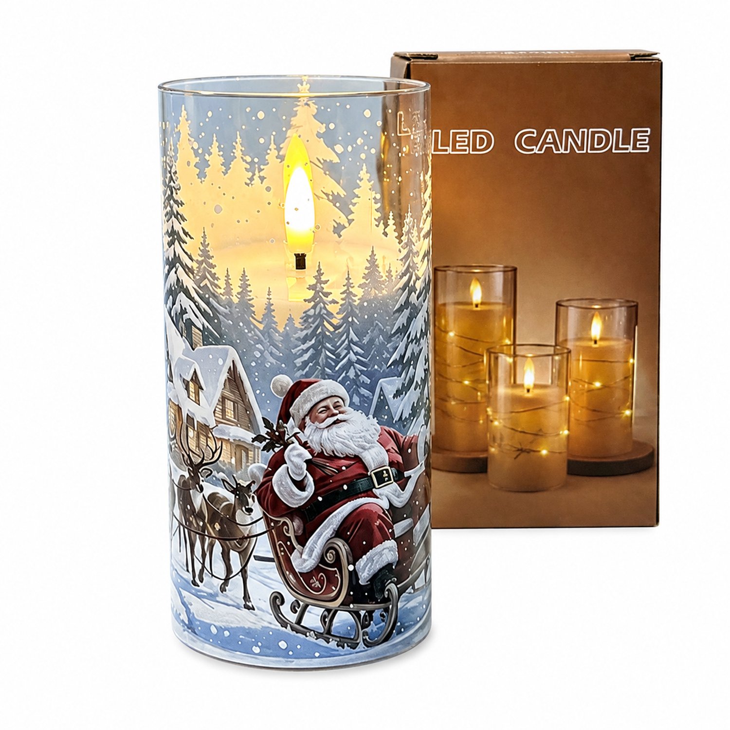 SWGOTA led kaarsen - 1 stuk met kerstman en sneeuwlandschap, 7,5 × 15 cm, warm licht, op batterijen, in kartonnen doos, zonder batterijen Bruin