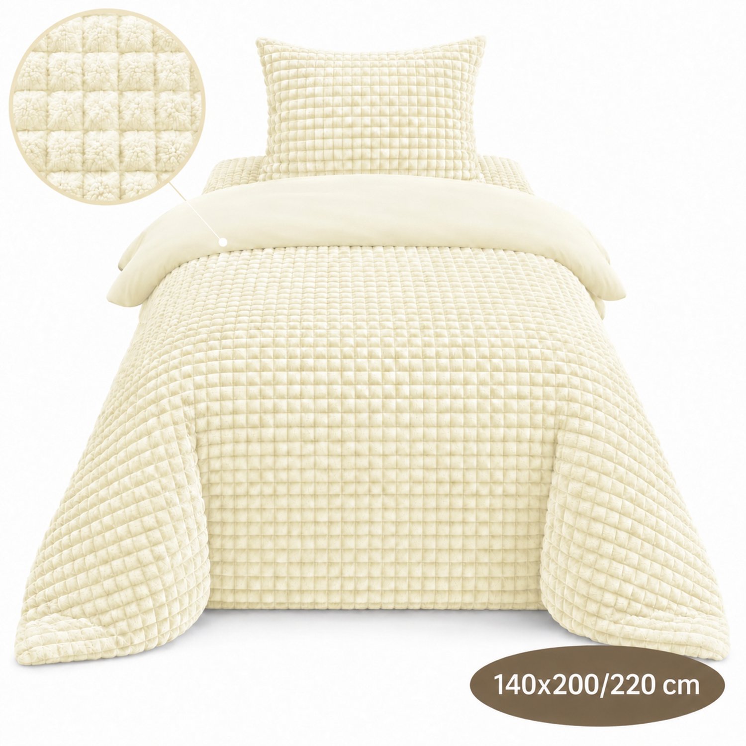 Roden Blue - Popcorn fleece dekbedovertrek set - 140x200/220 cm - Creme - Zacht - Anti-allergeen - Wasbaar