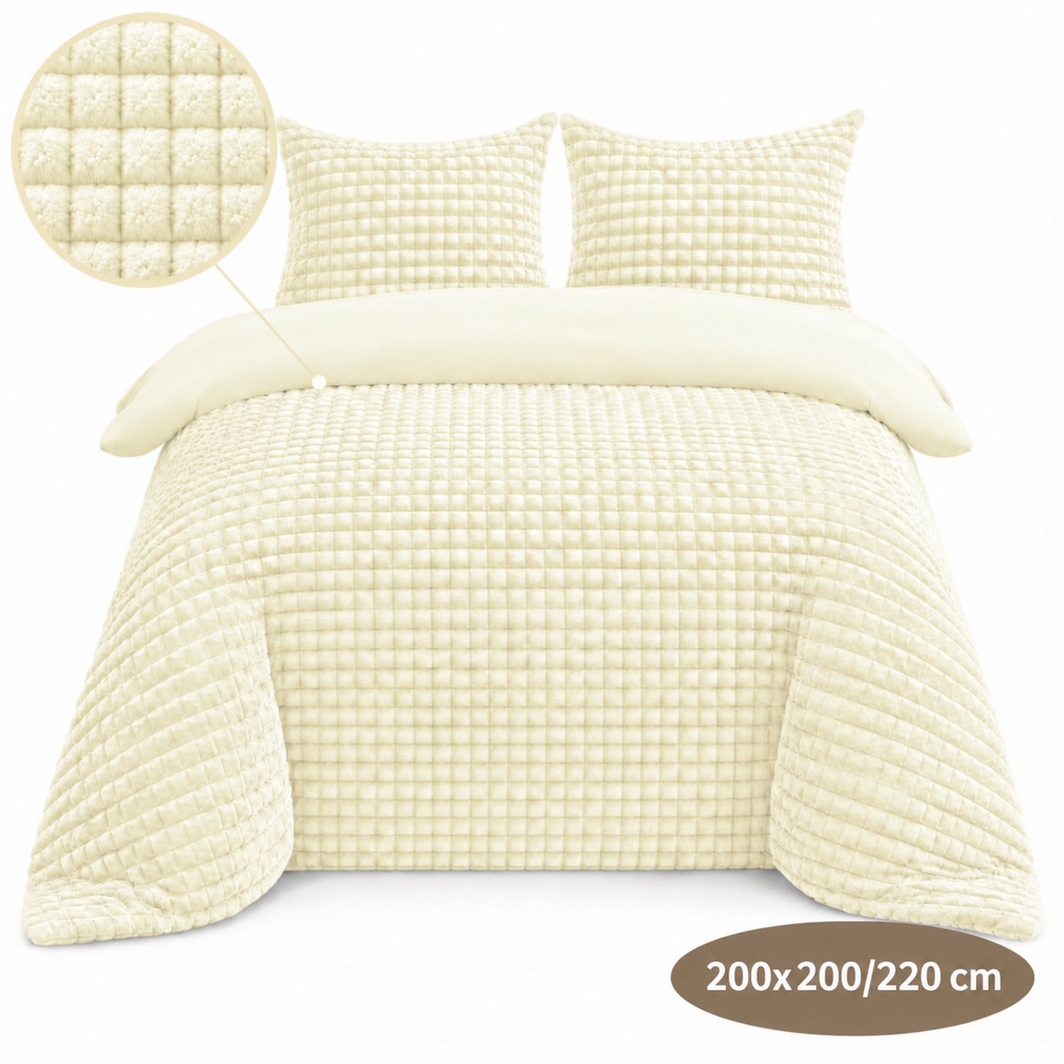 Roden Blue - Popcorn fleece dekbedovertrek set - 200x200/220 cm - Creme - Zacht - Anti-allergeen - Wasbaar