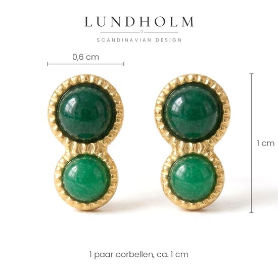 Lundholm Scandinavisch design oorknopjes, 1 cm hoog, met twee groene stenen.