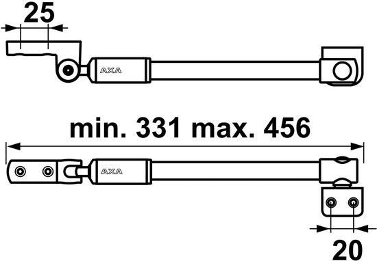 Technische tekening van raamuitzetter met afmetingen van min. 331 mm en max. 456 mm.